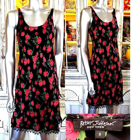 Vintage Betsey Johnson New York 90s Red Rose Floral Black Bead Silk Slip Dress S - Picture 1 of 11